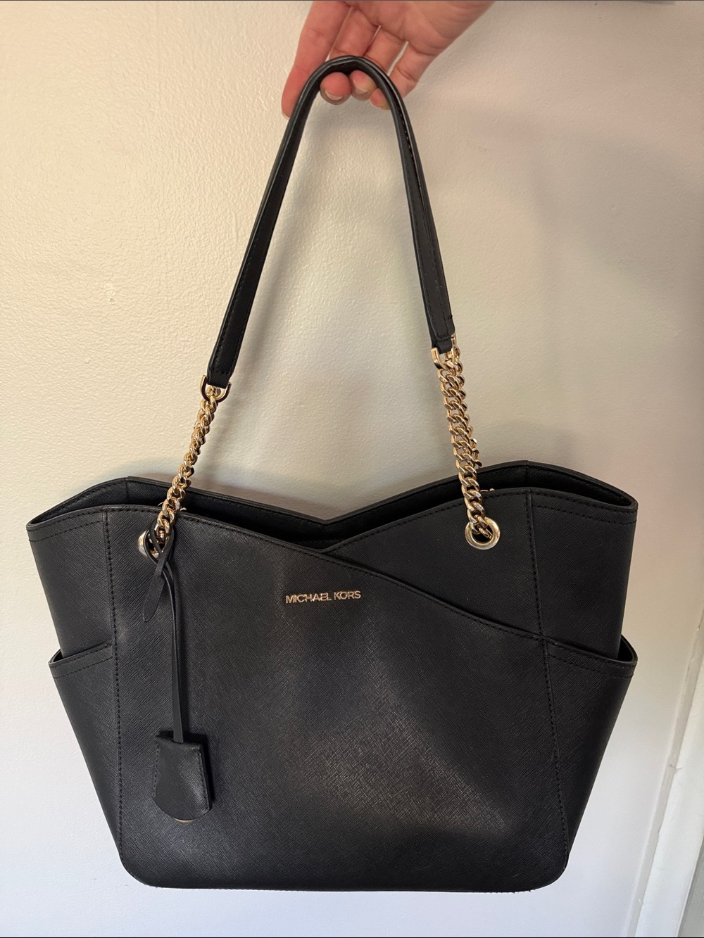 Michael Kors Black Saffiano Tote with Gold Chain Straps